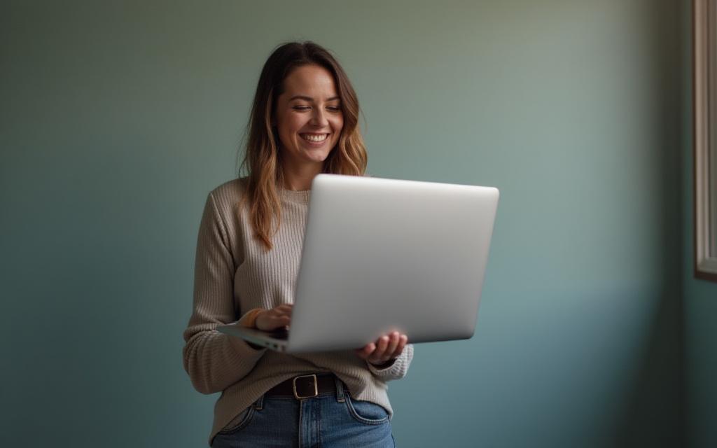 Woman happily using scheduling software